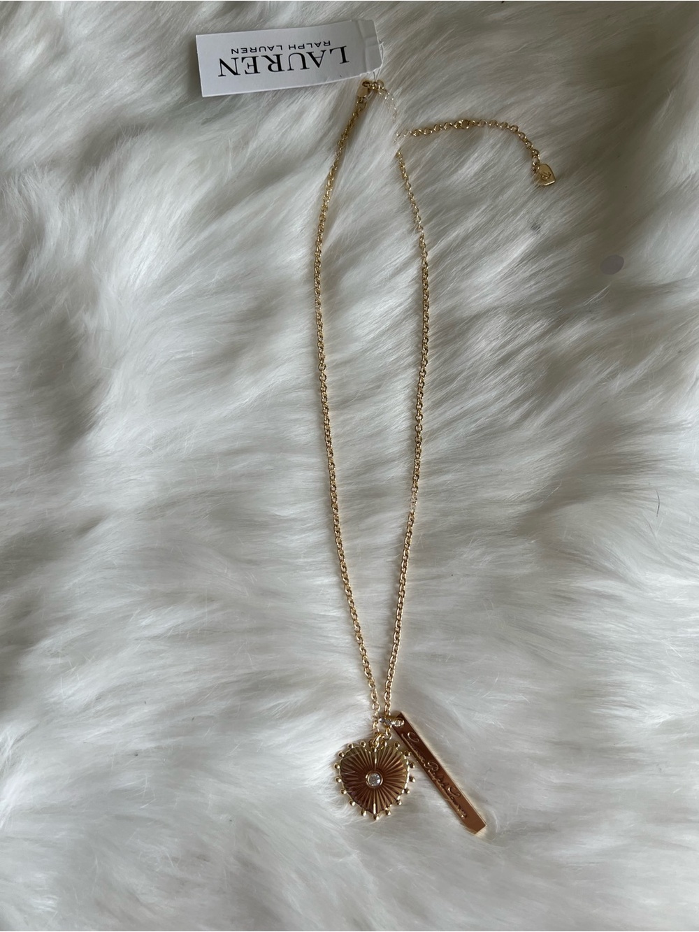 Lauren Ralph Lauren Gold Heart Pendant Necklace with Engraved Bar